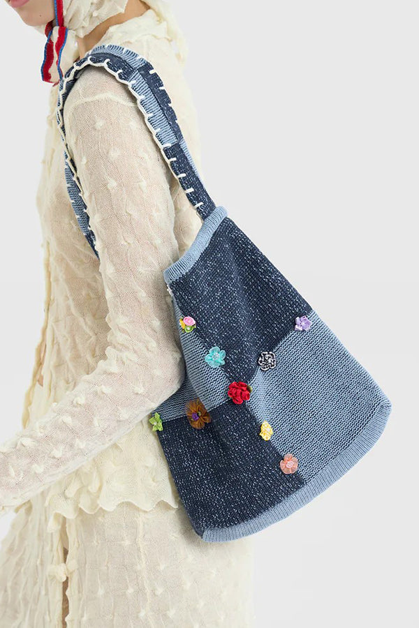 YANYAN KNITS 25 Autumn/Winter Embellished Plaid Tote Bag YYK-YYW25-1041-DENIM